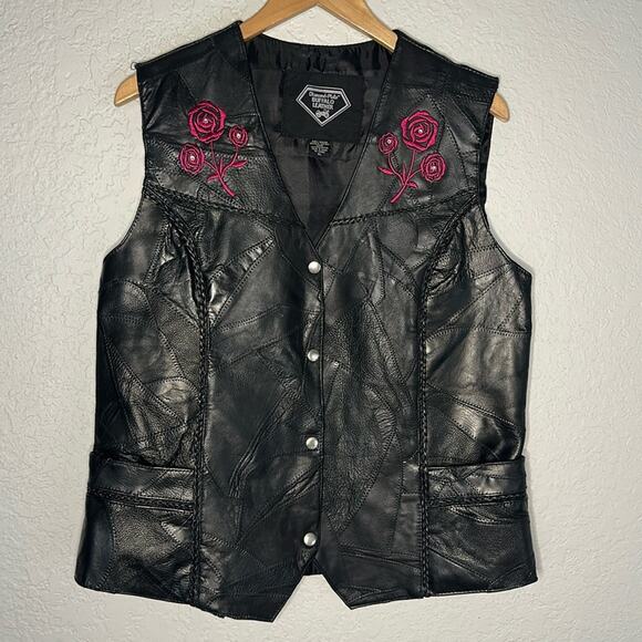 Black Leather Moto Vest Embroidered Roses Biker Gang Pockets Halloween Goth - Picture 1 of 6